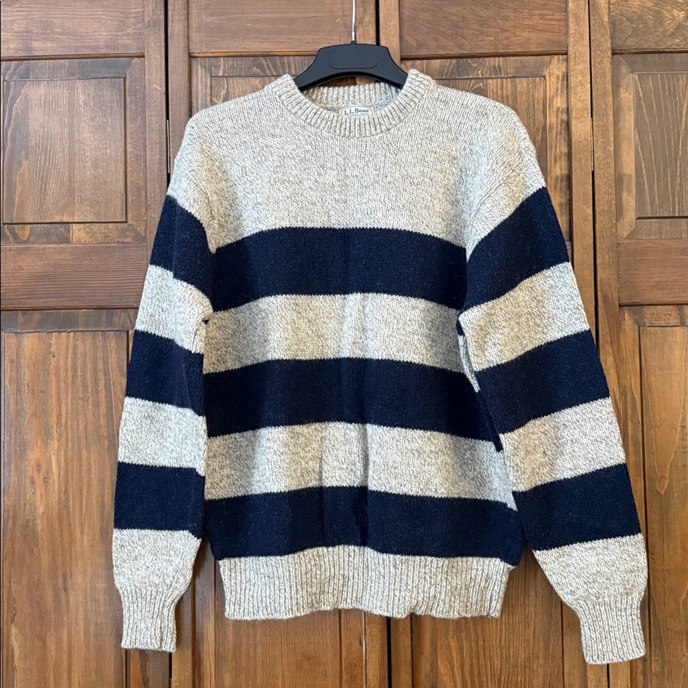 L.L. Bean True Vintage 80’s Ragg Wool Rugby Stripe Sweater Tan Navy Men’s XL - Picture 6 of 13